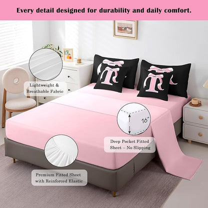 jejeloiu Kids Girls Black Pink Bow Comforter Set with Sheets Twin Size Monogrammed 7 Piece Bedding Set Personalized Initial I Bed in a Bag with Comforter,Sheets,Pillowcases Modern Fashion Bed Set
