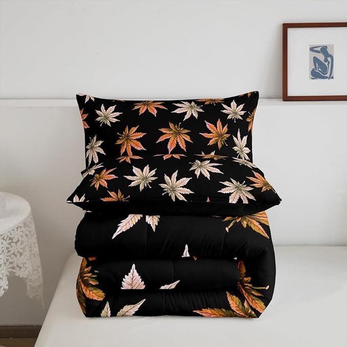 Erosebridal Orange Leaves Comforter Set Twin, Leaves Bedding for Kids Teens Adult,Tropical Botanical Down Comforter,Exotic Plant Bedding Comforter Sets,Soft Cozy