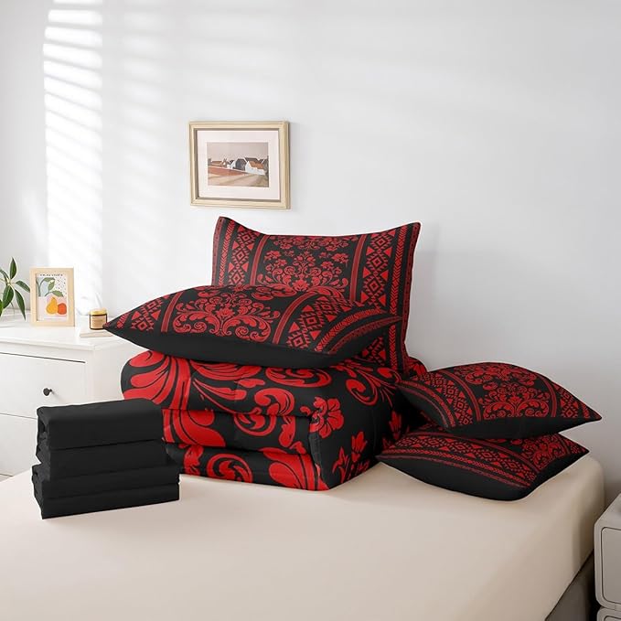 Comforter Set Twin Size, Red Aztec Damask 7 Pcs Bedding for Kids and Adults, Victorian Decor Western Baroque Goth Floral Bed Sheet Sets with Fitted Sheet 2 Pillowcases & 2 Shams for Bedroom Bed Decor