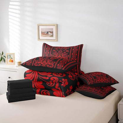 Comforter Set Full Size, Red Aztec Damask 7 Pcs Bedding for Kids and Adults, Victorian Decor Western Baroque Goth Floral Bed Sheet Sets with Fitted Sheet 2 Pillowcases & 2 Shams for Bedroom Bed Decor