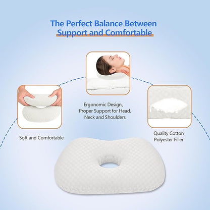 Ear Piercing Hole Pillows Side Sleeper Pillow with an Ear Hole for CNH Side Sleepers and Ear Inflammation Pressure Sores, Adjustable Cotton and Polyester Curved Side Pillow, White