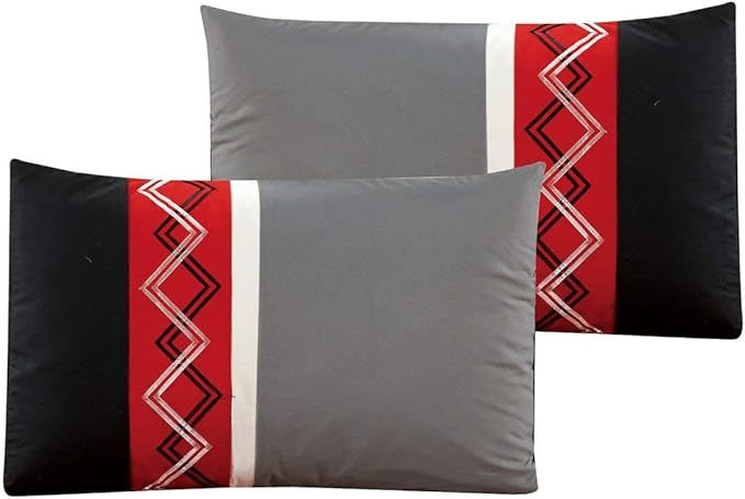 Chezmoi Collection Arden 7-Piece Modern Pleated Stripe Embroidered Zigzag Bedding Comforter Set (California King, Red/Black/Gray/Off-White)