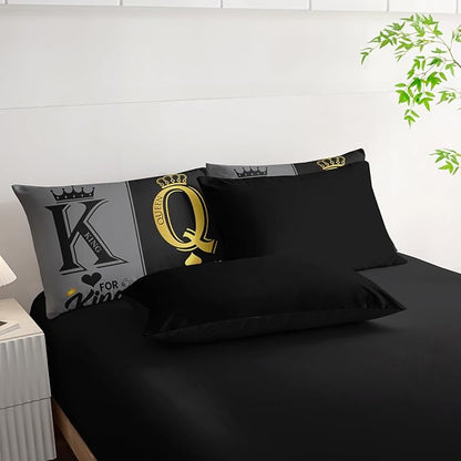 King and Queen Crown Comforter Set Black and Gray Couple Bedding Set，7Pcs Mr Mrs Comforter Set for Adults Couple Men Women,Light Bedding Set 7 Piece in A Bag, Bed Sheet Set Decor QUEEN All Seasons