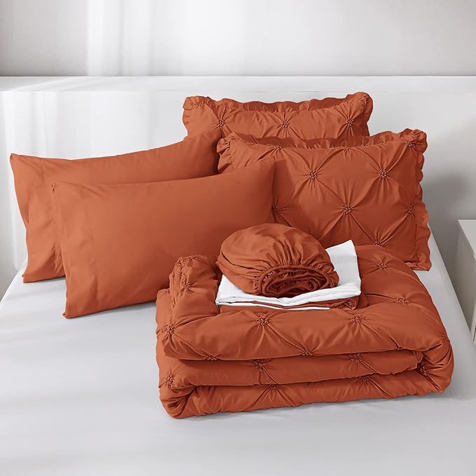 JOLLYVOGUE King Size Comforter Set 7 Pieces, Burnt Orange Bed in a Bag Comforter Set for Bedroom, Bedding Comforter Sets with Comforter, Sheets,Ruffled Shams & Pillowcases
