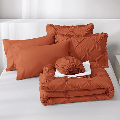 JOLLYVOGUE King Size Comforter Set 7 Pieces, Burnt Orange Bed in a Bag Comforter Set for Bedroom, Bedding Comforter Sets with Comforter, Sheets,Ruffled Shams & Pillowcases