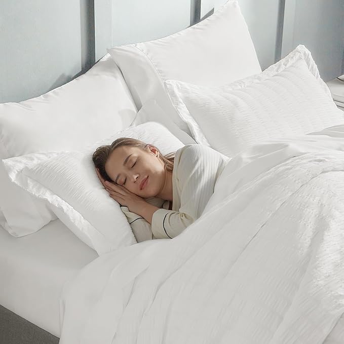 CozyLux King Size Comforter Set White Seersucker 7 Pieces Bed in a Bag King Comforter Set with Sheets, Luxury Soft Bedding Set with Down Alternative Comforter, Sheets, Pillowcases & Shams All Seasons