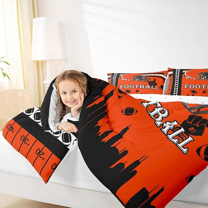 Feelyou Football Bedding Set Boys Girls Comforter Set King Size Women Men Rugby Sports Comforter Football City Duvet Quilt Black Orange Room Decor