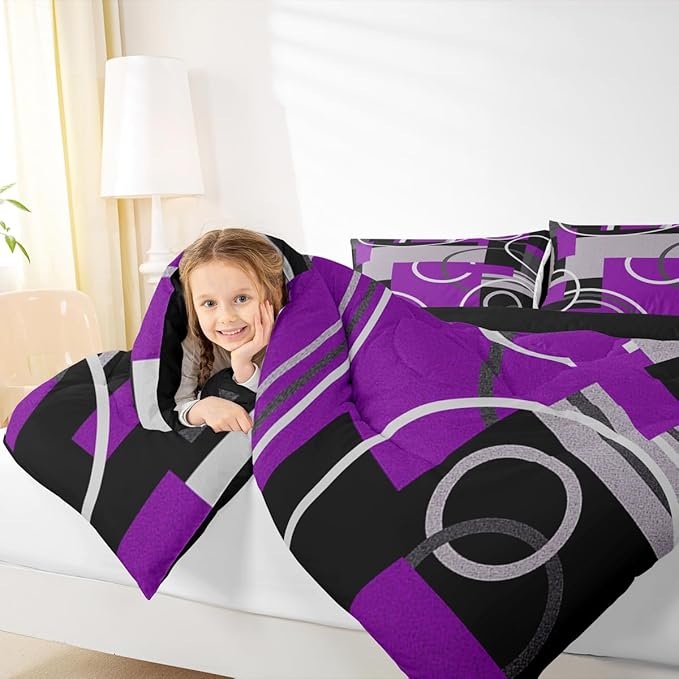 Abstract Stripes Swirls Comforter Set Modern Purple White Quilt Set Geometric Circles Lines Bedding Set Chic Black Grey Duvet Insert Graphic Simple Style Soft Microfiber Bedding Comforter Sets Queen
