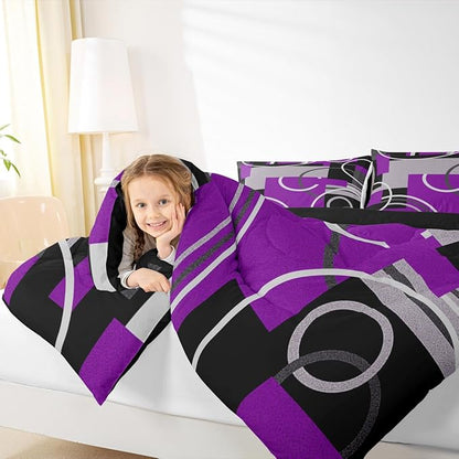 Abstract Stripes Swirls Comforter Set Modern Purple White Quilt Set Geometric Circles Lines Bedding Set Chic Black Grey Duvet Insert Graphic Simple Style Soft Microfiber Bedding Comforter Sets Queen