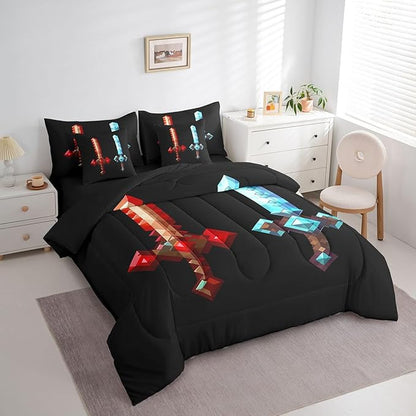 Red Blue Sword 7Pcs Comforter Set Queen Size,Sandbox Building Games Bedding Set for Kids Boys Teens Men Room Decor,Pixelated Style Swords Fitted Flat Sheet Fashion Black 2 Throw Pillow,2 Pillowcases