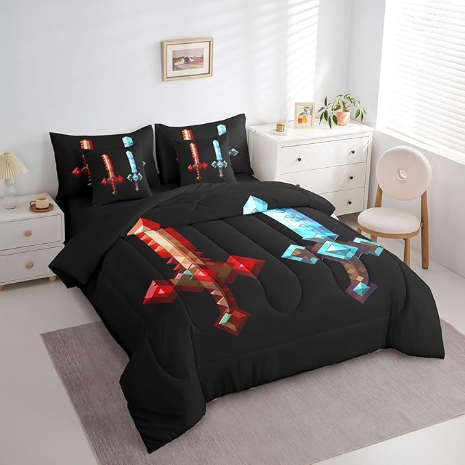 Red Blue Sword 7Pcs Comforter Set Twin Size,Sandbox Building Games Bedding Sets for Kids Boys Teens Men Room Decor,Pixelated Style Swords Fitted Flat Sheet Fashion Black 2 Throw Pillow,2 Pillowcases