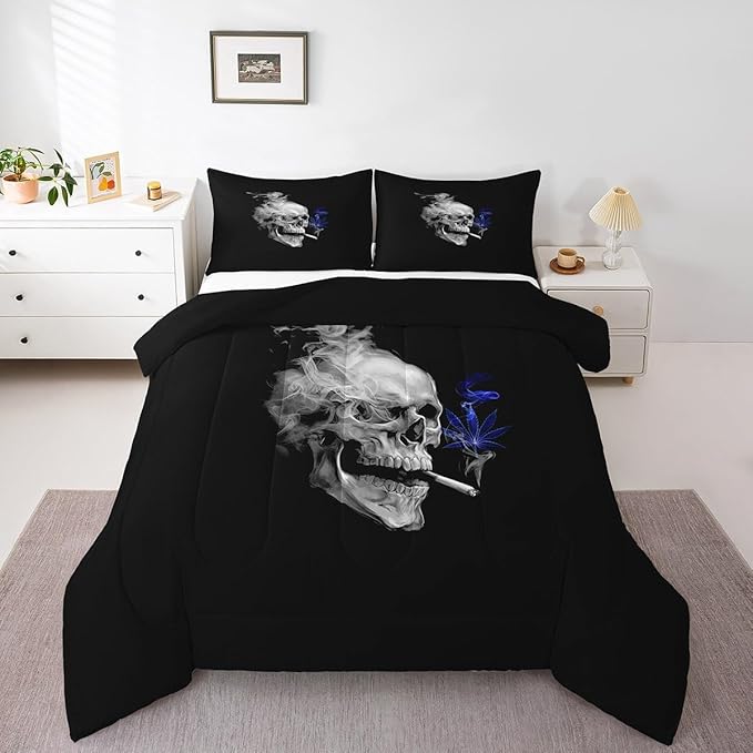 Erosebridal Smoky Skull Comforter Set Full,Teal Leaves Bedding for Kids Boys Girls Teens,Gothic Skeleton Down Comforter, Plant Tropical Botanical Bedding Comforter Sets