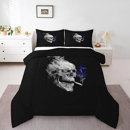 Erosebridal Smoky Skull Comforter Set King,Teal Leaves Bedding for Kids Boys Girls Teens,Gothic Skeleton Down Comforter, Plant Tropical Botanical Bedding Comforter Sets