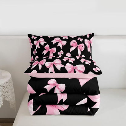 Feelyou Pink Bow Comforter Set All Season Cute Bowknot Bedding Set with 2 Pillow Cases Kawaii Black Pink Kids King Bedclothes Princess Decor Bedroom Decor Duvet Quilt Breathable Soft Lightweight