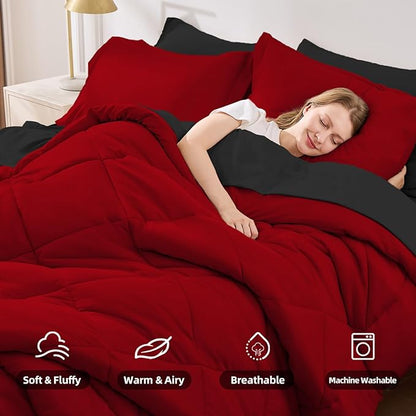 FUANNA 7 Pieces Queen Comforter Set, All Season Bed in a Bag Queen Size, Luxury Soft Bedding Sets with Comforter, Flat Sheet, Fitted Sheet, Pillowcases & Pillow Shams, Red & Black