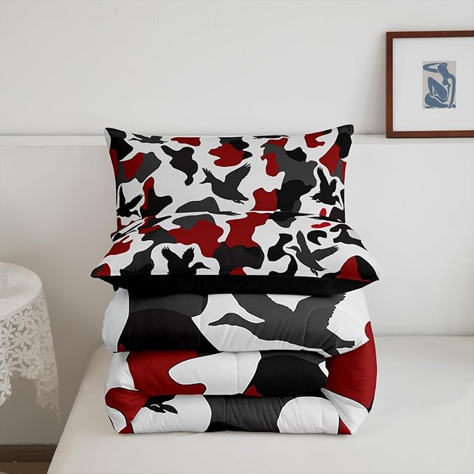 Erosebridal Duck Hunter Comforter Set Full Size Camo Bedding for Kids Boys Army Camouflage Hunting Bedding Comforter Sets Vintage Red Black Room Decor Wild Animal Duck Rustic Duvet Insert