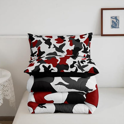 Erosebridal Duck Hunter Comforter Set Toddler Size Camo Bedding for Kids Boys Army Camouflage Hunting Bedding Comforter Sets Vintage Red Black Room Decor Wild Animal Duck Rustic Duvet Insert
