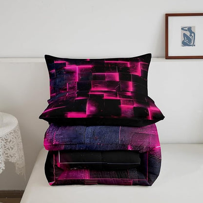 Hot Pink Black Bedding Queen 3D Glowing Buffalo Queen Comforter Set Modern Abstract Art Bedding Comforter Sets Geometric Plaid Duvet Insert, Gradient Futuristic Cubes Down Comforter (Black Reversible)