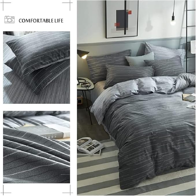 mixinni Queen Size Comforter Set for Teen Modern Geometric Boys Grey Striped Printed Comforter Set Men Boys for All Season, 1 Soft Fluffy Comforter and Two Pillowcases-Queen Size