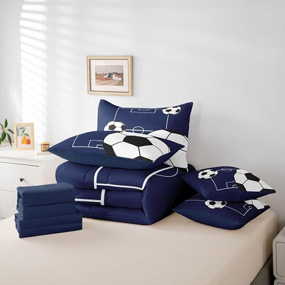 Erosebridal Football Bedding Set Full Size 7 Pieces Boys Sports Theme for Teens Soccer Ball Pattern Bed in a Bag Football Court Comforter Set with Sheets Playground Blue White for Kids Girls