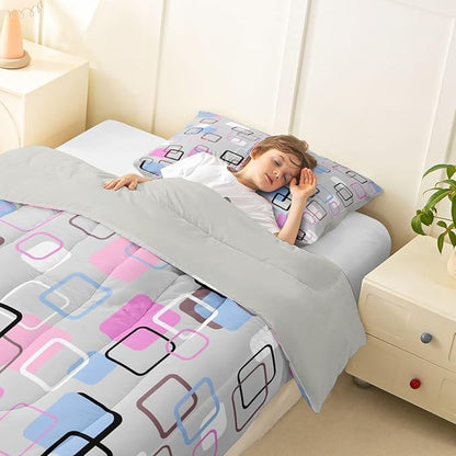 Erosebridal Pink Blue Geometric Square Comforter Set Twin Modern Abstract Striped Bedding Set Pastel Plaid Grid Comforter for Kids Girls Boys Aesthetic Gingham Checkered Quilt Duvet