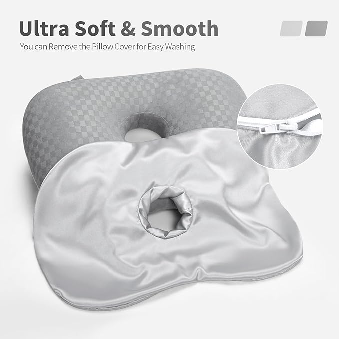 Washable Ear Piercing Pillowcase - Removable Satin Cover with Hole for Side Sleepers, CNH & Ear Pain Relief, Soft Guard for Pressure Sores, Light Gray Silk