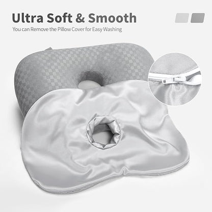 Washable Ear Piercing Pillowcase - Removable Satin Cover with Hole for Side Sleepers, CNH & Ear Pain Relief, Soft Guard for Pressure Sores, Light Gray Silk