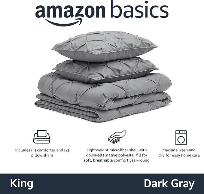 Amazon Basics Soft, Lightweight King Size Comforter Set, All-Season Down-Alternative 3-Piece Bedding Set, Pinch Pleat Design with Piped Edges, Dark Grey