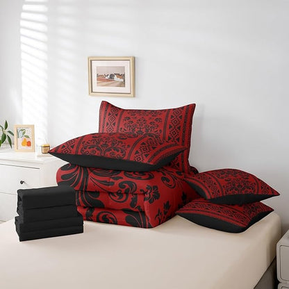 Comforter Set Queen Size, Dark Red Damask Aztec 7 Pcs Bedding for Kids and Adults, Antique Decor Western Baroque Gothic Bed Sheet Sets with Fitted Sheet 2 Pillowcases & 2 Shams for Bedroom Bed Decor