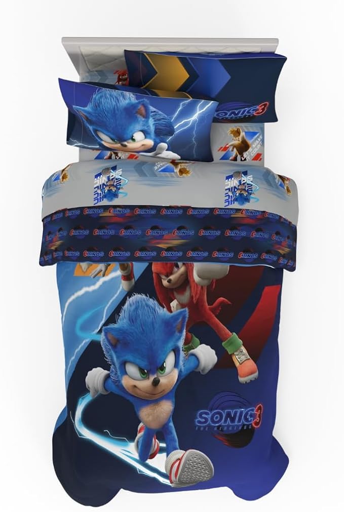 Sonic The Hedgehog 3 Movie Kids Bedding Super Soft Comforter and Sheet Set, 4 Piece Twin Size, (Officially Licensed Product) by Franco | Durable, Reversible, Officially Licensed