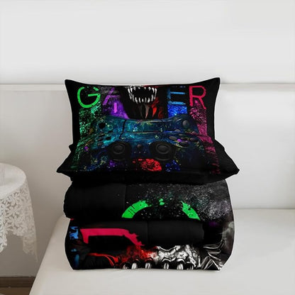 Gamer Bedding Sets for Boys, Gaming Down Comforter Full Size, Gamer Room Decor Bedding Kids Video Games Comforter Set, Sugar Skull Gamepad Bed Duvet Sets for Men Bedroom,with 2 Marble Pillow Sham