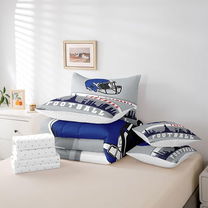 Erosebridal Football 7 Pcs Comforter Set King Football Fans Bedding for Kids Football City Sheet Set Bed in A Bag Grey Blue Rugby Competition Room Decor Sports Ball Game Quilt