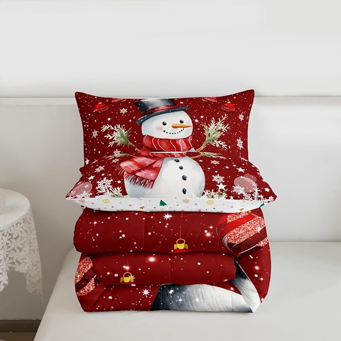 Cute Snowman Bedding Set Full Size,Merry Christmas Comforter Set 3Pcs Xmas Red Bells and Snowflake Quilt Set for Kids Boys Girls Teens Room Decor Watercolor Cartoon Duvet Insert,2 Pillowcases