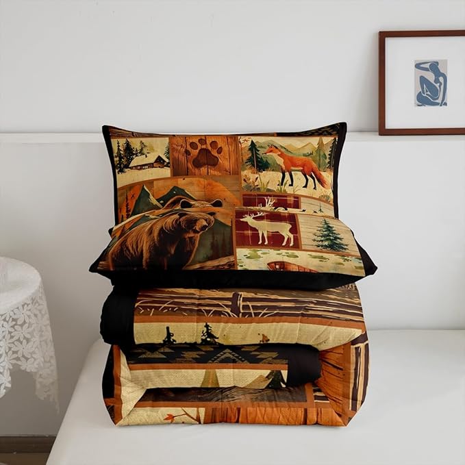 Feelyou Western Rustic Bear Comforter Set Toddler Western Rustic Cabin Bedding Forest Animal Comforter Elk Wildlife Hunting Down Bear Deer Patchwork Quilt Set Nordic Bedroom Decor