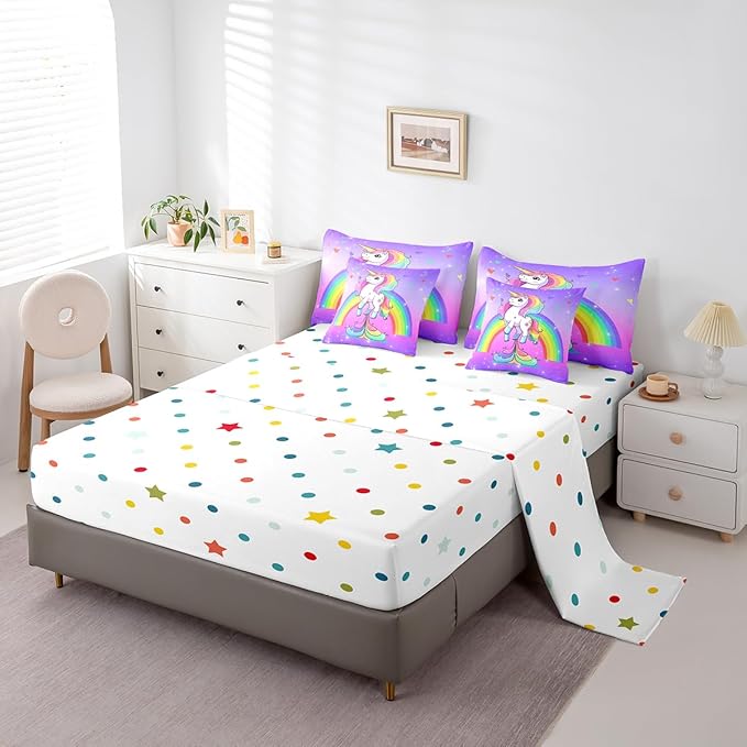 Erosebridal Unicorn 7 Piece Comforter Set Twin,Rainbow Unicorn Bedding Set for Little Kids Boys Girls Bedroom Decor,Purple Starry Sky Down Comforter,Kawaii Cartoon Animals Flat Fitted Sheet,Reverse