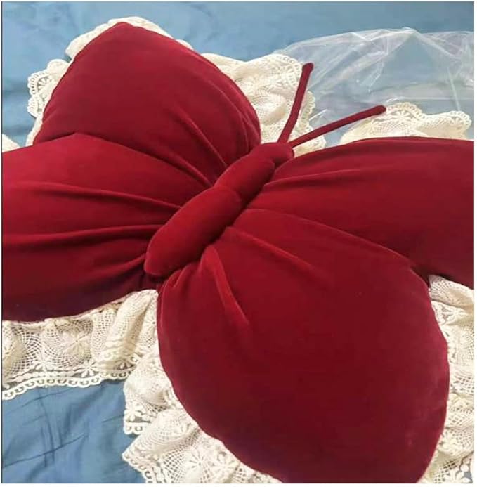 Butterfly Throw Pillow,21.6 inch Velvet Butterfly Decorative Pillow with Lace Trim,Animal Pillow for Couch Living Room Bed,Home Garden Decor (Red)