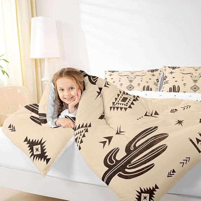Erosebridal Boys King Size Bull Skull Comforter Set, Western Cowboy Bedding Set Vintage Southwestern Duvet Insert Bohemian Geometric Cactus Quilt Tribal Exotic Ethnic for Teens Bedroom Decor,Khaki