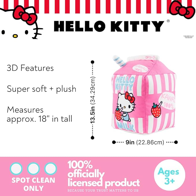Hello Kitty Kawaii Strawberry Milk Carton Bedding Super Soft Plush Decorative Pillow, One Size, (100% Officially Licensed Product) by Franco