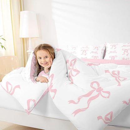 Erosebridal Girls Bowknot King Cmoforter Set, Ribbon Bow Knot Bedding for Kids Women Princesss Bedroom Decor, Coquette Comforter Bowknot Duvet Insert 2 Pillowcases, Lightweight