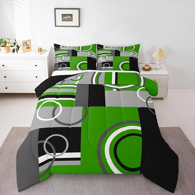 Green Black Grey Bedding Sets Twin Swirls Plaid Comforter Bedroom Decor Geometric Circle Striped Duvet Insert Modern Creative Quilt Abstract Fashion Color Bedding Comforter Sets All Season