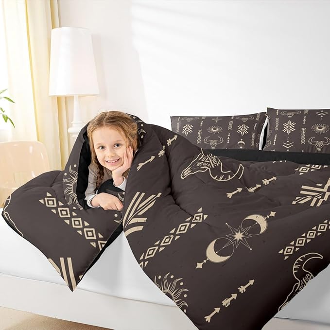 Feelyou Kids Western Decor Comforter Set Southwestern Bedding Set Queen Size Bedroom Decor Longhorn Skull Sun Moon Wild Western Cowboy Geometric Comforter Brown Duvet Set with 2 Pillow Case