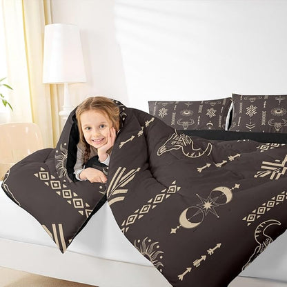 Feelyou Kids Western Decor Comforter Set Southwestern Bedding Set Twin Size Bedroom Decor Longhorn Skull Sun Moon Wild Western Cowboy Geometric Comforter Brown Duvet Set with 1 Pillow Case