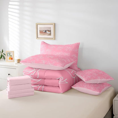 Feelyou Cute Bowknot 7 Pieces Comforter Sets Boys Girls Full Size Pink Girls Bow Bedding Set for All Season for Kids Women Men Bow Bed in a Bag with Comforter, Sheets, Pillowcases & Cushion Cover