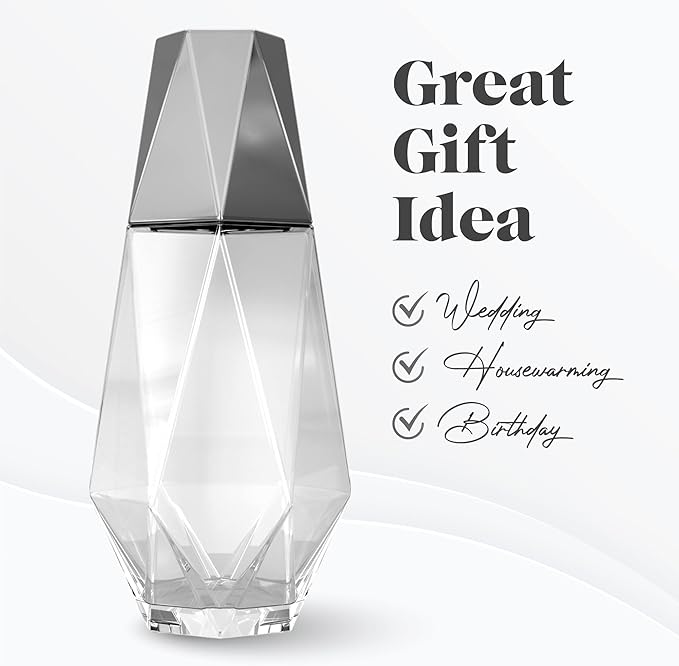 American Atelier 37 oz Fifth Avenue Decorative Bedside Water Carafe & Tumbler with Lid – 9" Silver Glass Pitcher Set for Nightstand, Guest Room, Office & Bedroom Hydration, Elegant Drinkware (Silver)