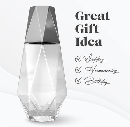 American Atelier 37 oz Fifth Avenue Decorative Bedside Water Carafe & Tumbler with Lid – 9" Silver Glass Pitcher Set for Nightstand, Guest Room, Office & Bedroom Hydration, Elegant Drinkware (Silver)