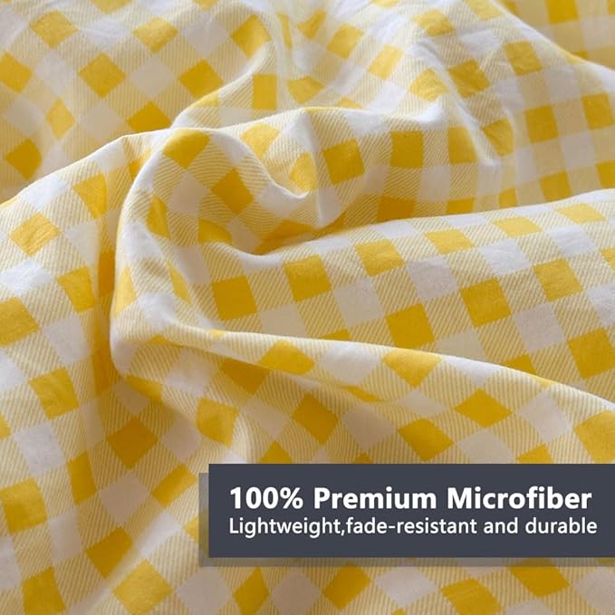 NSNLGSGC Yellow Ruffle Gingham Comforter Set Queen, Pre-Washed Ruffled Plaid Checked Comforter Bedding, 3 Pieces Vintage Farmhouse Grid Bedding Set(Yellow Gingham, Queen)