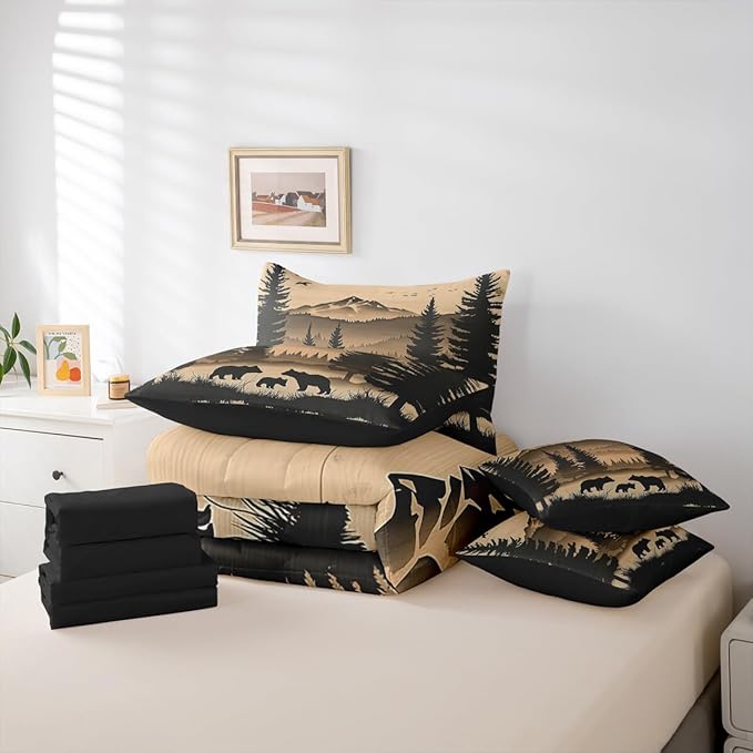 Erosebridal Full Size Rustic Cabin Lodge Bedding Set 7 Pieces | Bear Comforter Set with Sheets for Kids Boys Girls Forest Hunting Bear Bed in A Bag with Flat Fitted Sheets Pine Tree Woodland Quilt