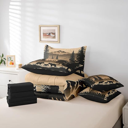 Erosebridal Queen Size Rustic Cabin Lodge Bedding Set 7 Pieces | Bear Comforter Set with Sheets for Kids Boys Girls Forest Hunting Bear Bed in A Bag with Flat Fitted Sheets Pine Tree Woodland Quilt