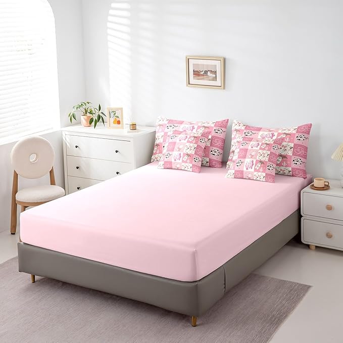 Feelyou Pink Western Decor Comforter Set with Sheets Full Size Kids West Cowboy Plaid 7 Pieces Bedding Set for Boys Girls Teens Rodeo Cowboy Grid Bed in a Bag Grunge Design Bed Set Cactus