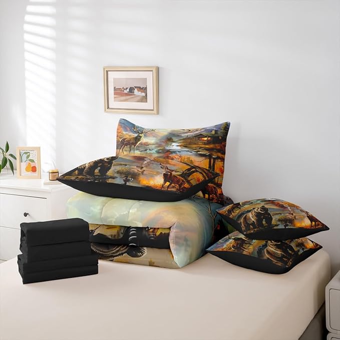 Erosebridal Queen Size Deer Bear Comforter Set with Sheets 7 Pieces | Rustic Cabin Lodge Bedding Set for Kids Boys Girls Mallard Duck Woodland Animal Bed in A Bag Country Rural Farmhouse Bed Sets